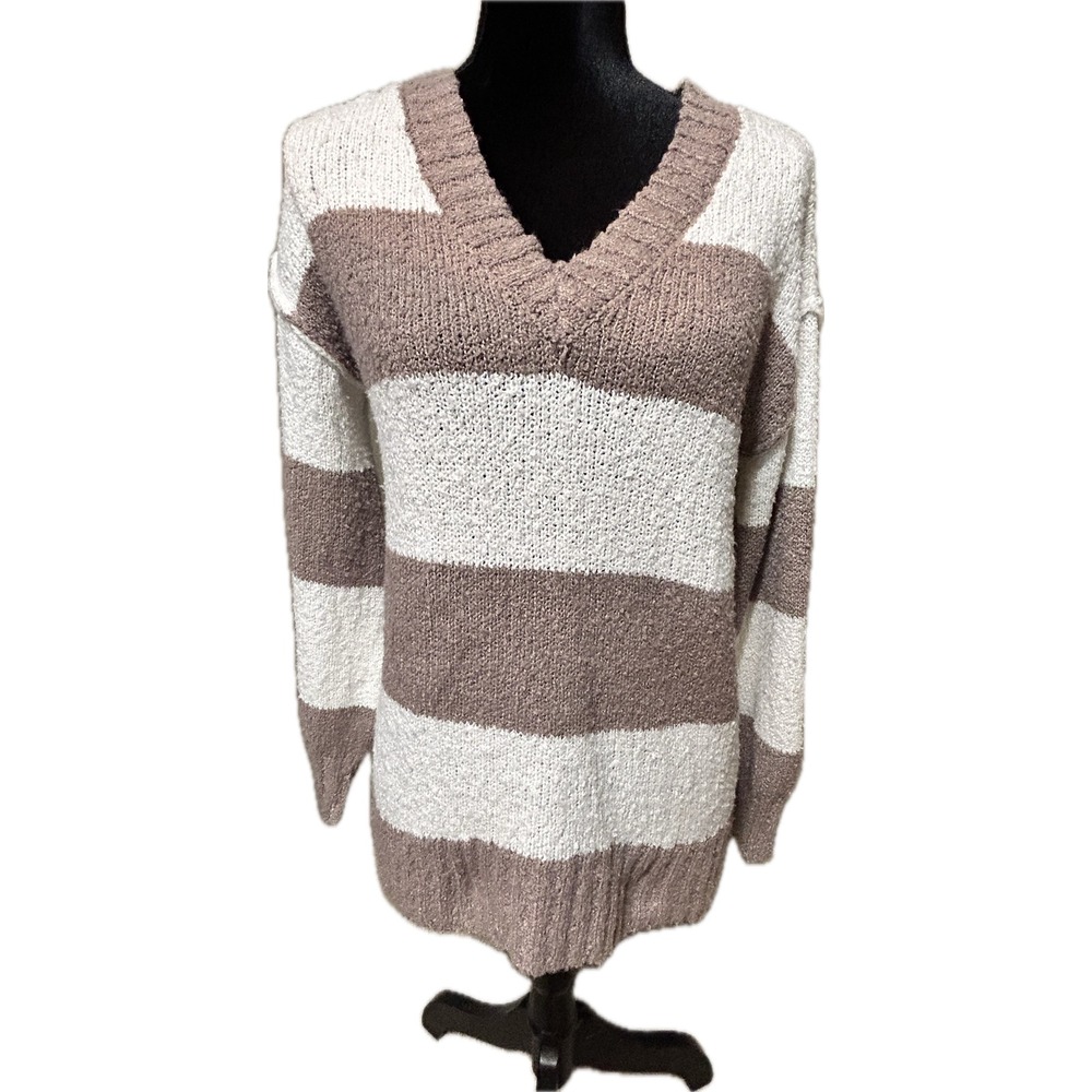 Hippie Rose Women Striped V-Neck Popcorn Knit Cozy Cardi Sweater Brown/White Sm
